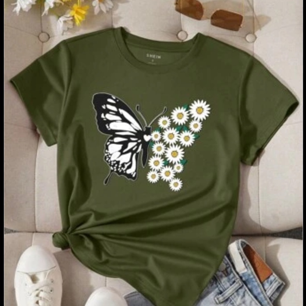 Green butterfly flowers shirt
